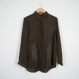 Fashinza - Green Embroidery Roll Tab Sleeve Shirt