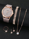 Shein - Women's Simple Fashionable Matte Dial Quartz Wrist Watch With Belt Matched Jewelry Set (6pcs/set)