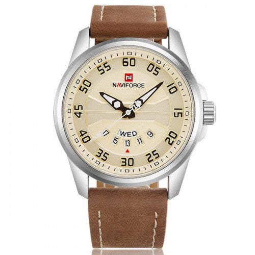 Naviforce- Nf9124 Men Watch Sport Leather Strap Simple Dial Male Quartz Wrist Watch