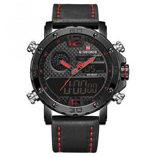 Naviforce- NF9134 Black PU Leather Dual Time Wrist Watch For Men - Black Red