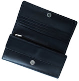 JILD - Women Round Stripe Leather Clutch Long Wallet - Black