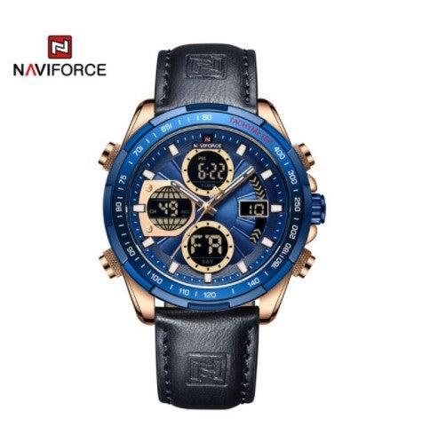 Naviforce- NF9197 Navy Blue PU Leather Dual Time Watch for Men - RoseGold & Navy Blue