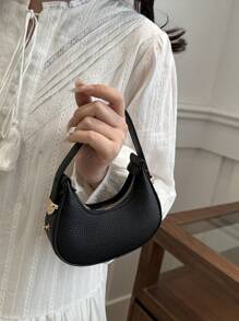 Shein - Mini Cute Solid Black Handbag For Women, Fashionable & Versatile Halfmoon Shoulder Bag