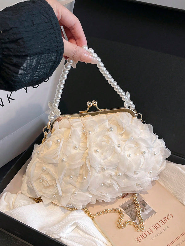 Shein - 2025 Spring/Summer White Pearl Decor Netted Flower Clip Handbag