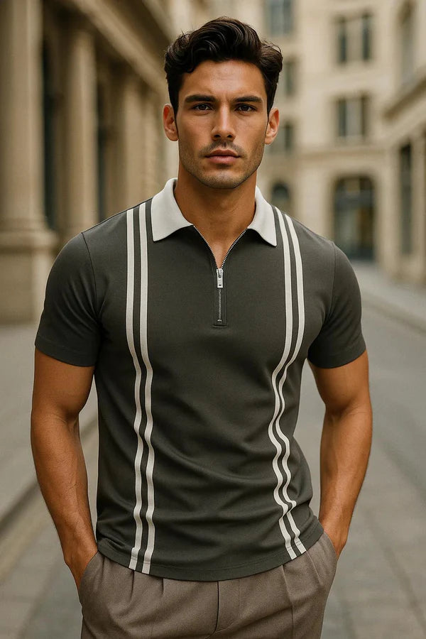 Vybe - Zipper Striped Polo Shirt - Grey