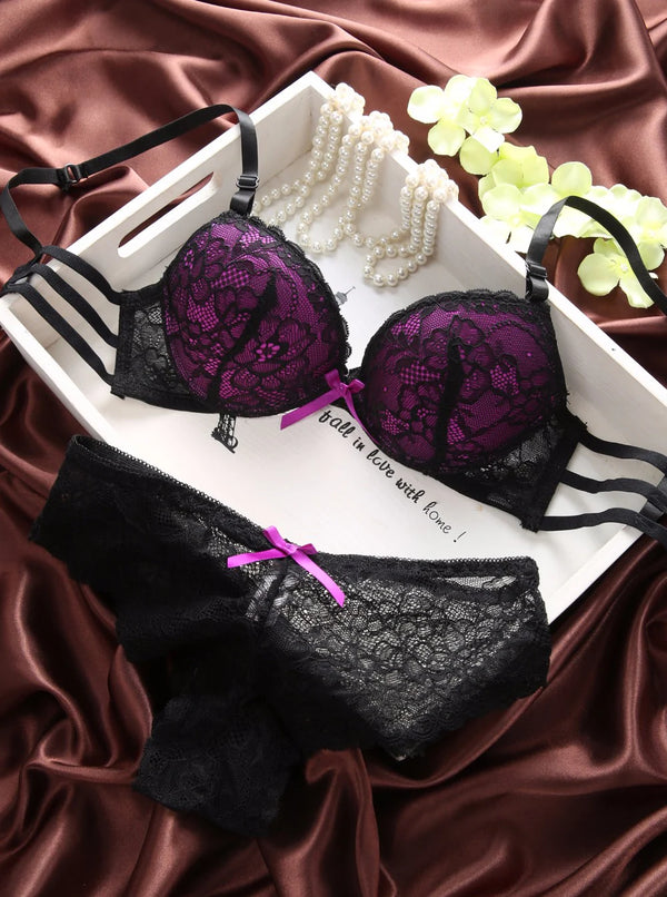 Vybe - Cute Lace Embroidery Push Up Bra & Panty