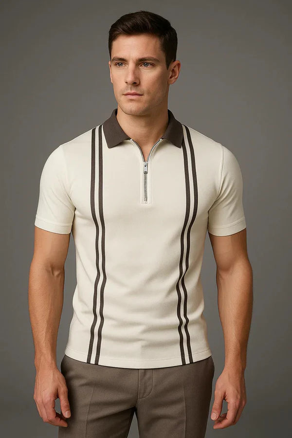 Vybe - Zipper Striped Polo Shirt - White