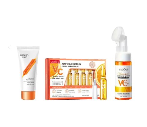 Sadoer Pack OF 3 Vitamin C Blood Orange Whitening Moisturizing Skin Care Series (Cleansing Mousse-Ampoule Serum-Cleanser)