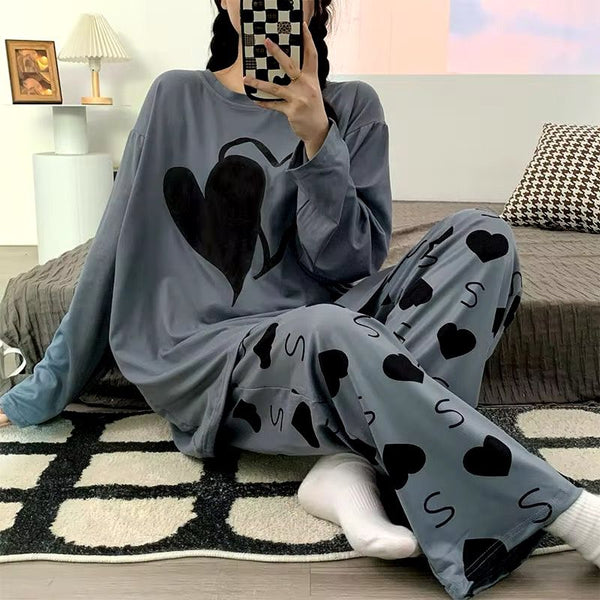 VYBE - Grey Big Hearts Printed Pj Suit Full Sleeves