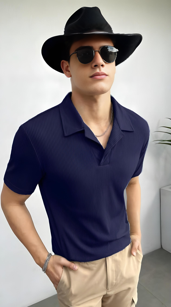 Vybe - Waffle Knitted Polo - NAVYBLUE