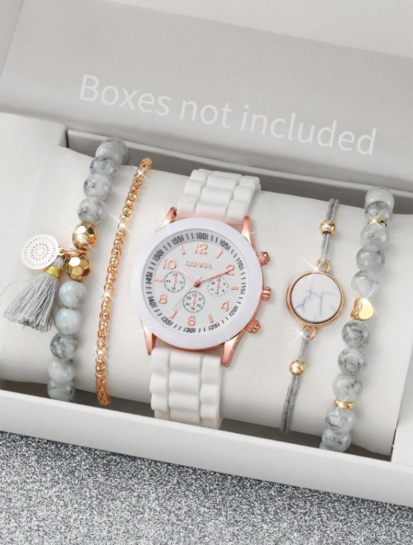Shein - 1 Set Women 3-Eye Roman Scale Dial Quartz Watch And 4pcs Bracelet Set,