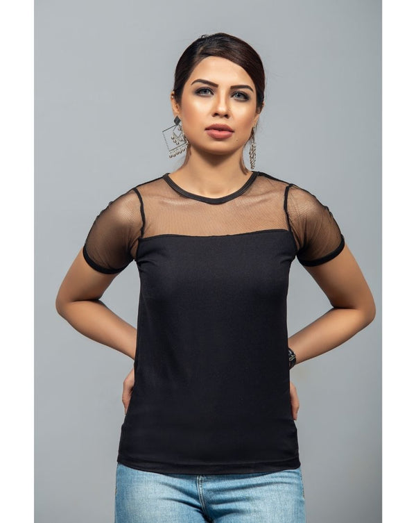Zettrobe - Round Neckline Mesh Half Sleeve Top