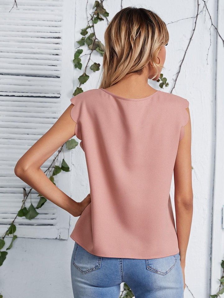 Shein- Notched Neck Scallop Trim Top