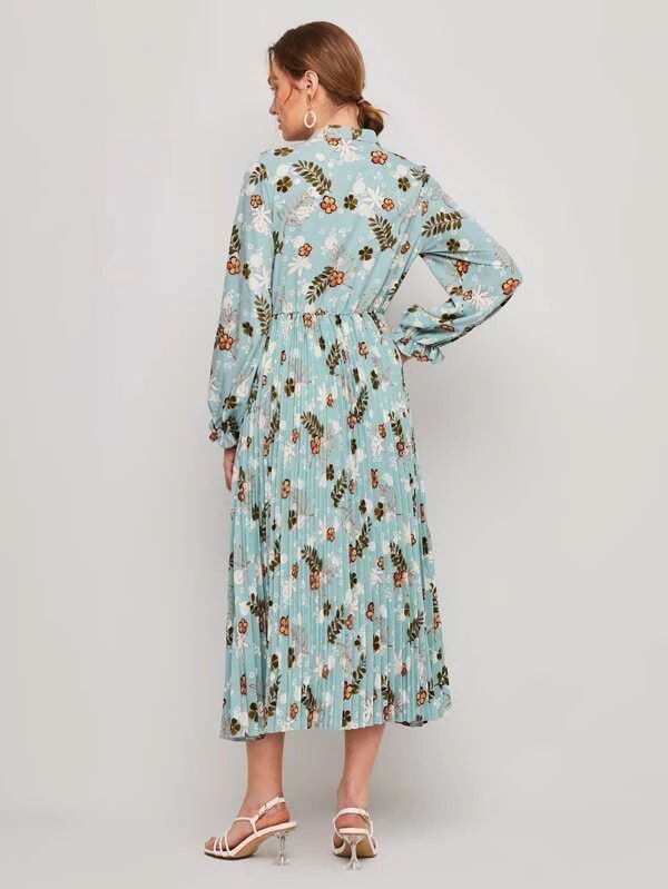 Shein- Tie Neck Flounce Sleeve Pleated Hem Dress