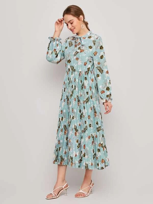 Shein- Tie Neck Flounce Sleeve Pleated Hem Dress