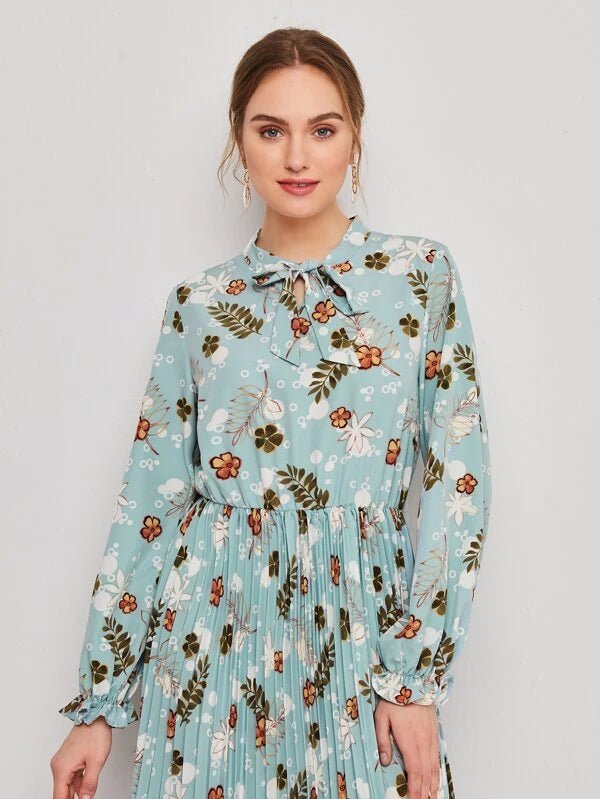 Shein- Tie Neck Flounce Sleeve Pleated Hem Dress