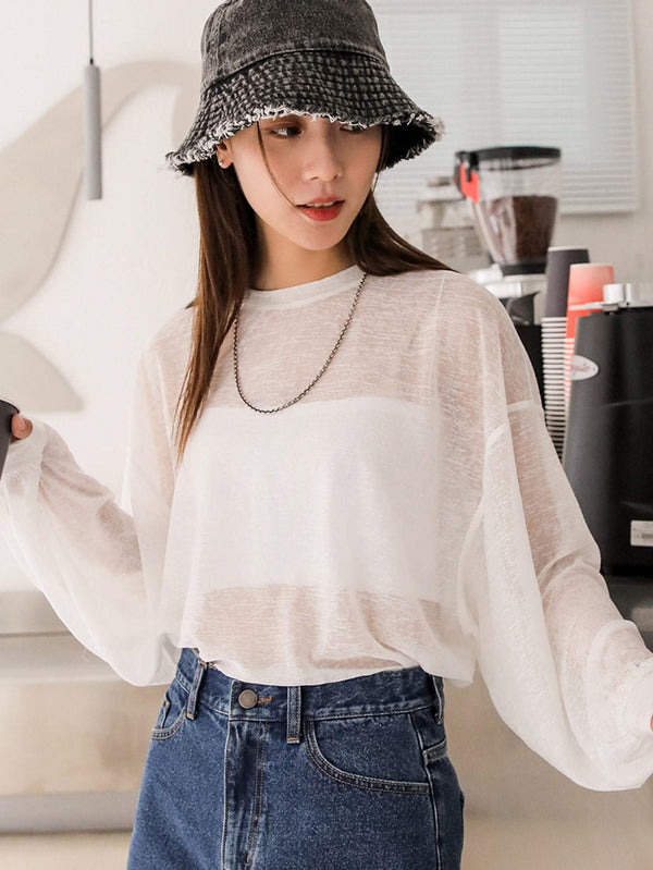 Shein- DAZY Solid Drop Shoulder Sheer Top Without Bandeau