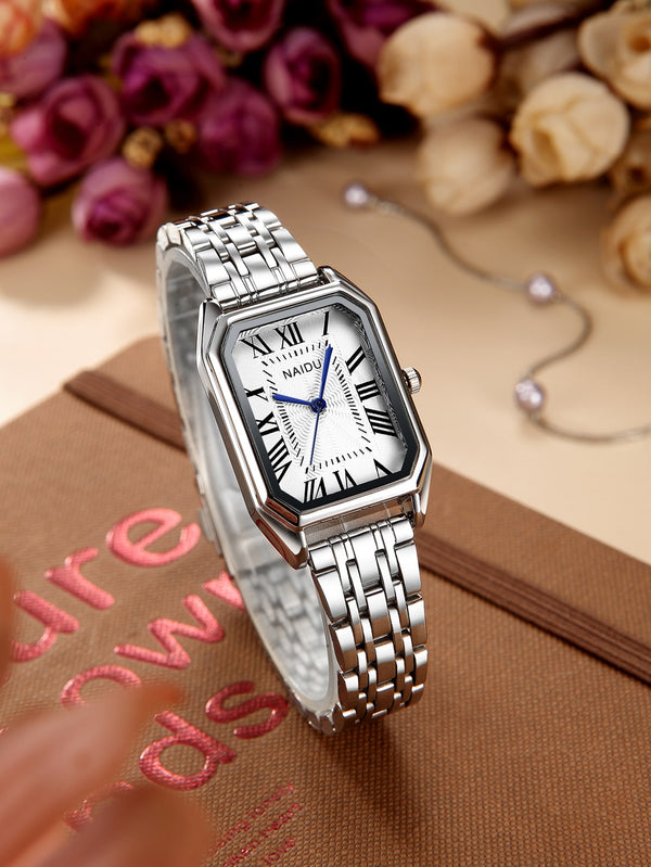 Shein - Women Silver Stainless Steel Strap Fashionable Geometric Dial Quartz Watch, For Daily Life