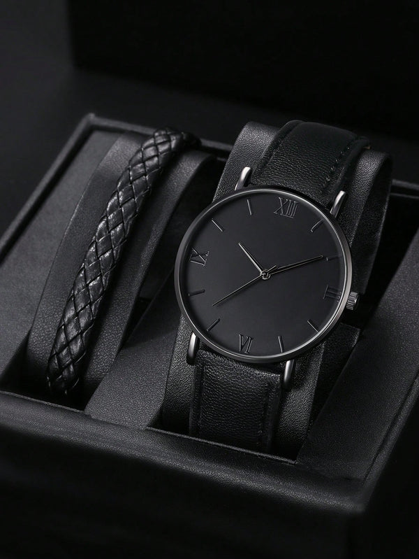 Shein - 2pcs/set Men's Casual Black Quartz Watch And Bracelet