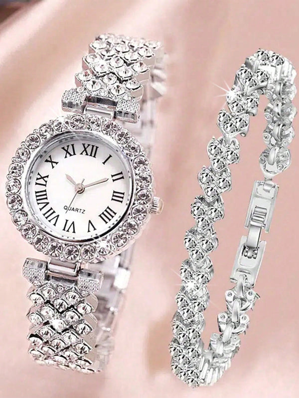 Shein - 2pcs Ladies Roman Numerals & Rhinestone Decor Quartz Watch And Heart Charm Bracelet Set