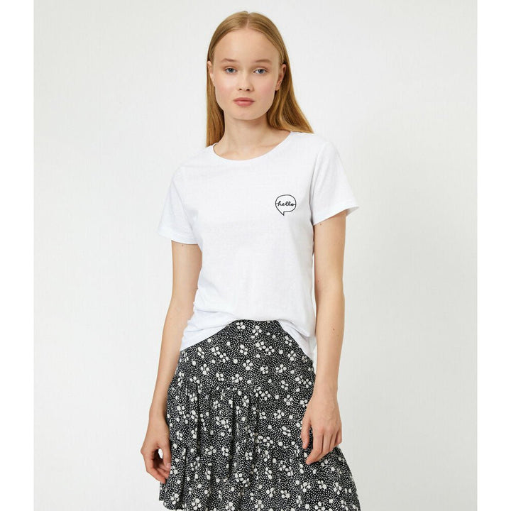 Koton- Cotton Short Sleeve Crew Neck Letter Embellished T-Shirt - Ecru