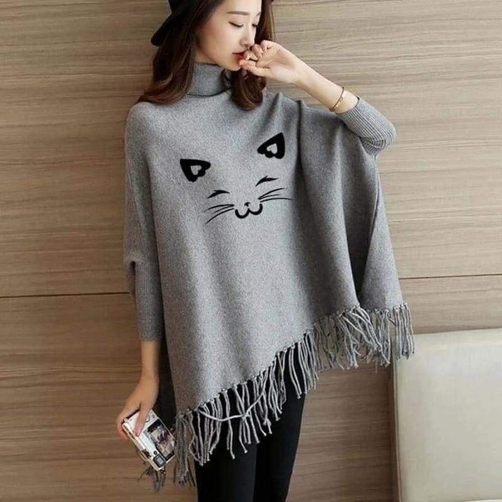Emerce- Cat Printed Poncho Grey - Free Size