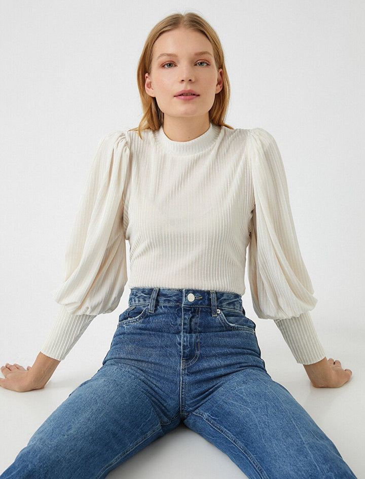 Koton- Balloon Sleeve Striped T-Shirt - Ecru