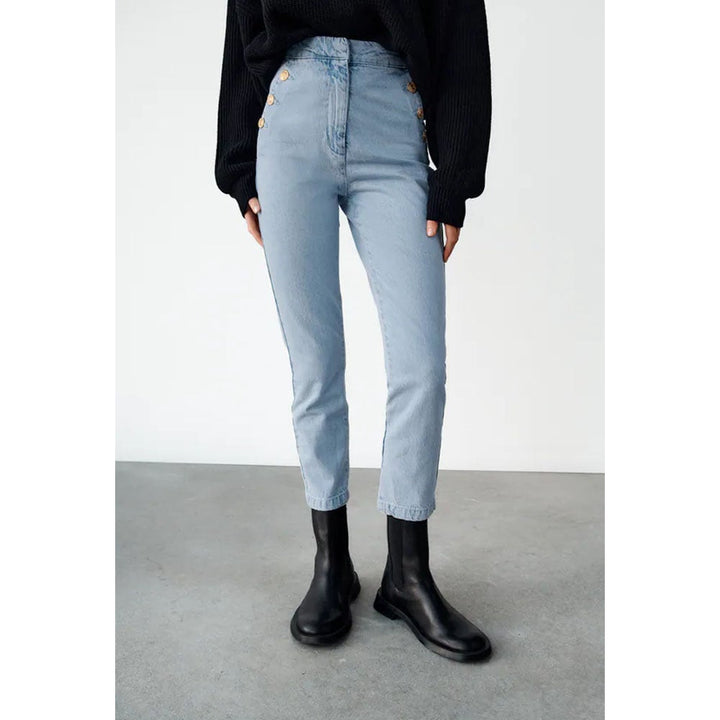 Zara- Straight Fit Trousers With Golden Buttons- Light blue