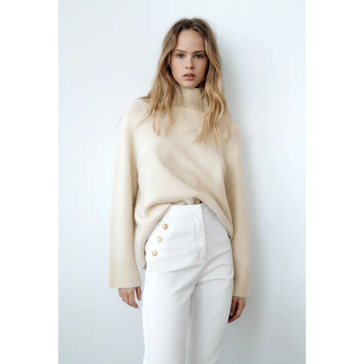 Zara- Straight Fit Trousers With Golden Buttons- White