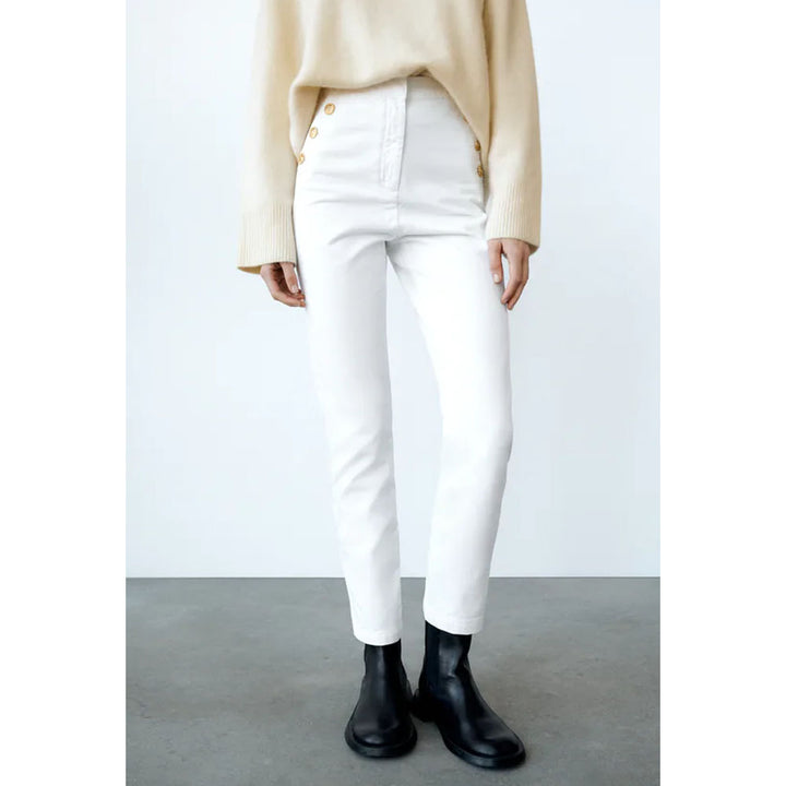 Zara- Straight Fit Trousers With Golden Buttons- White