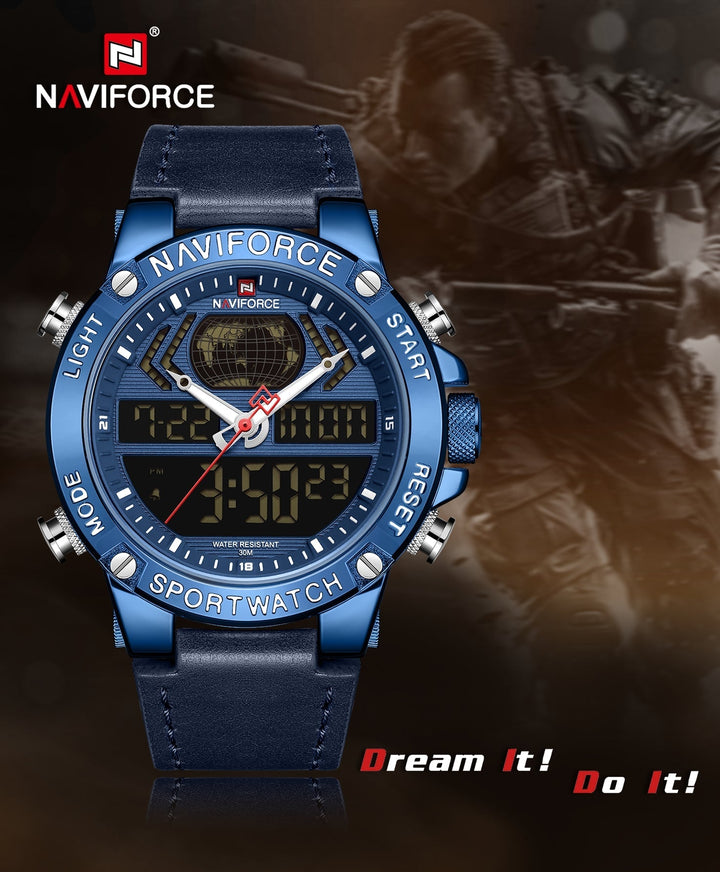NAVIFORCE- Digital & Analog Sport Wristwatch Genuine Leather Wrist Watch With Brand Box - NF9164 Blue