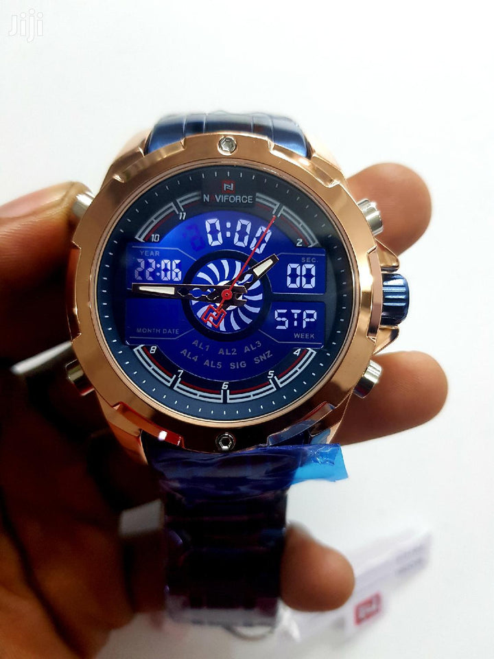 Naviforce- Nf9170 Led Display Metal Case Dual Display Watch Business Style Men Digital Watch Golden Blue