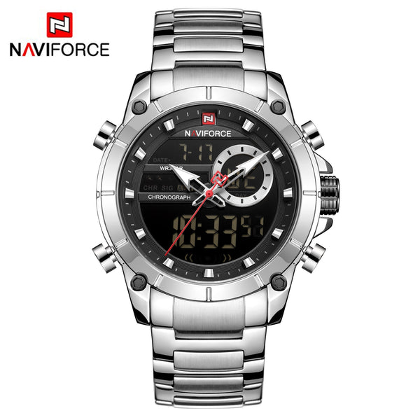 NAVIFORCE- Men Military Sport Watches Digital Analog Waterproof Stainless Steel Wristwatch NF9163 Silver