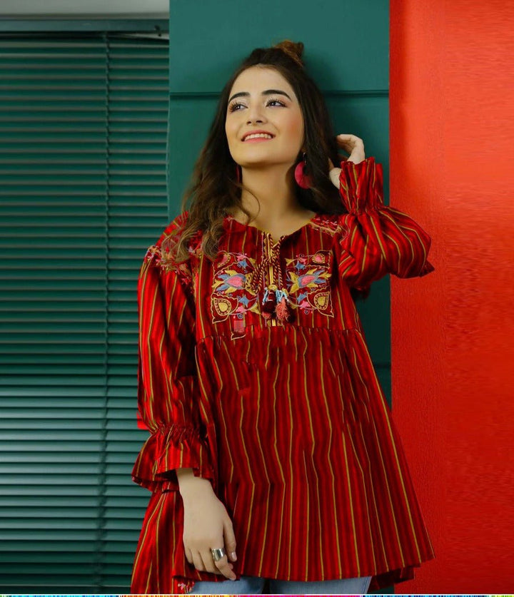 Emerce- Lining Embroidery  Short Kurti - Red