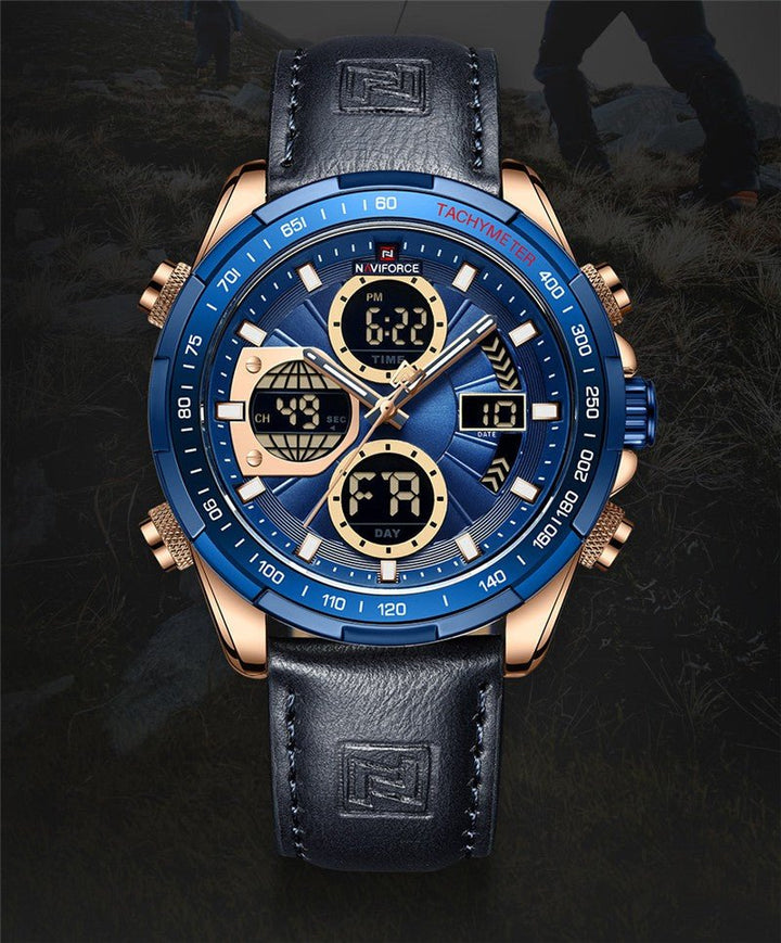 Naviforce- NF9197 Navy Blue PU Leather Dual Time Watch for Men - RoseGold & Navy Blue
