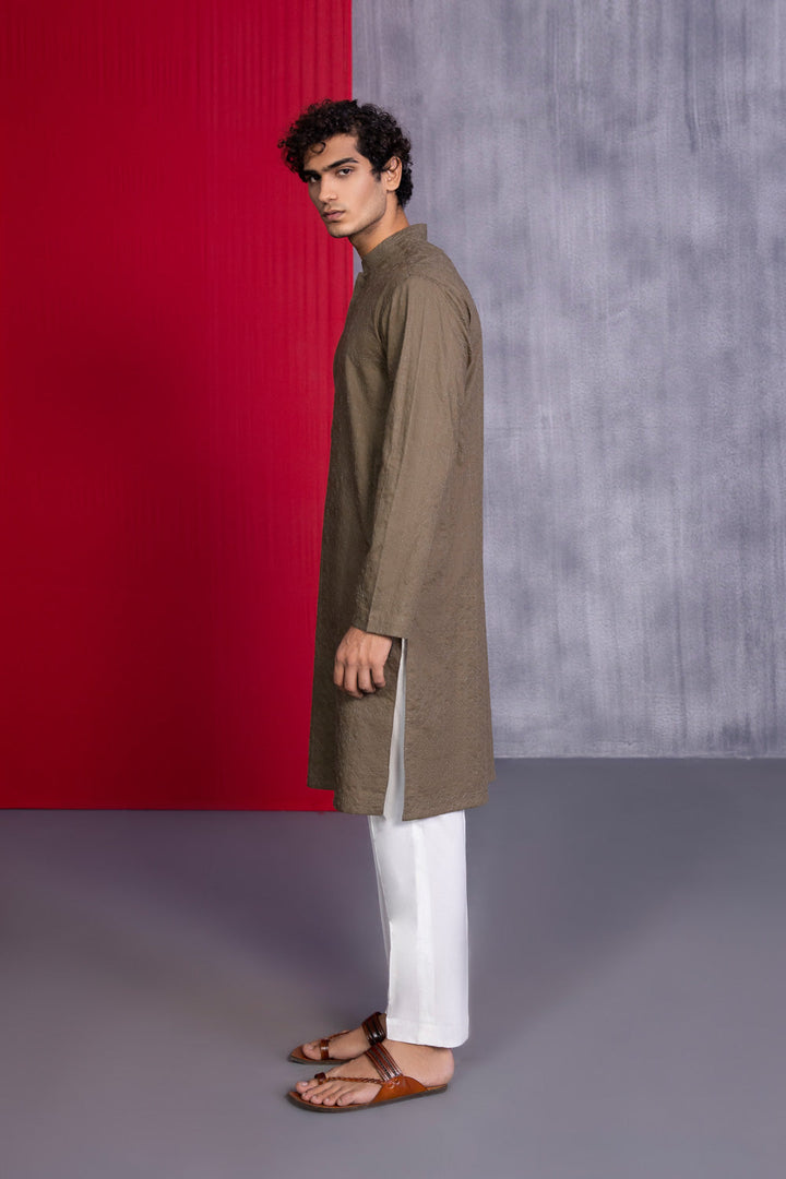 Mens Stitched Olive Green Cotton Schiffli Embroidered Kurta