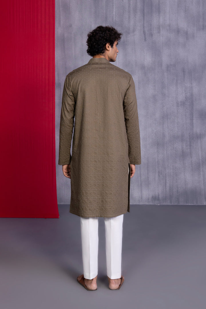 Mens Stitched Olive Green Cotton Schiffli Embroidered Kurta