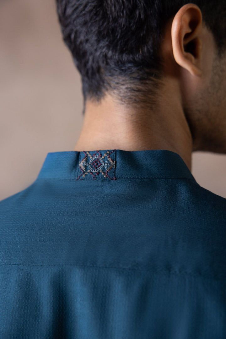 Menswear Stitched Teal Blue Winter Cotton Jacquard Kurta