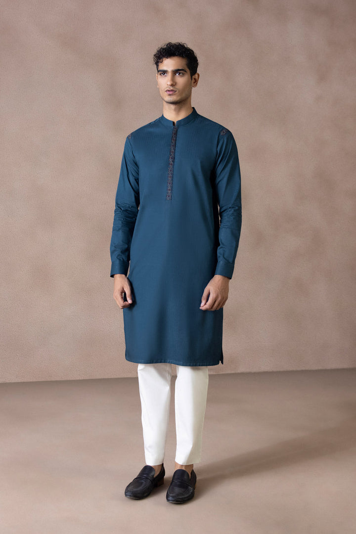 Menswear Stitched Teal Blue Winter Cotton Jacquard Kurta