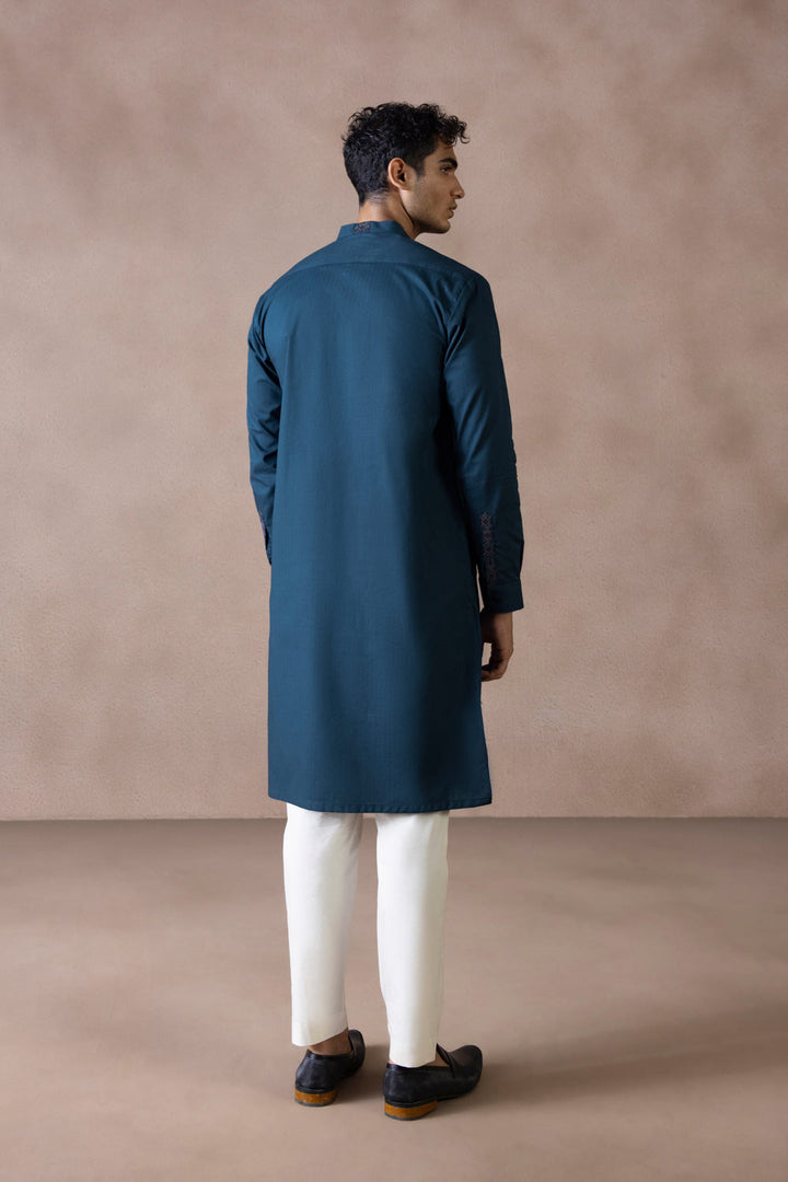 Menswear Stitched Teal Blue Winter Cotton Jacquard Kurta