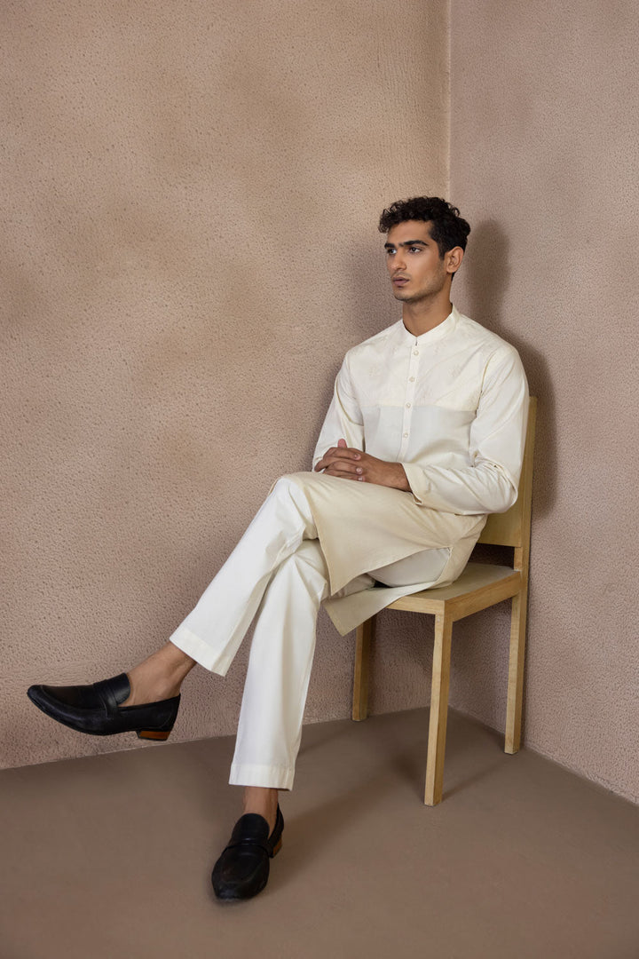Menswear Stitched Beige Winter Cotton Jacquard Kurta