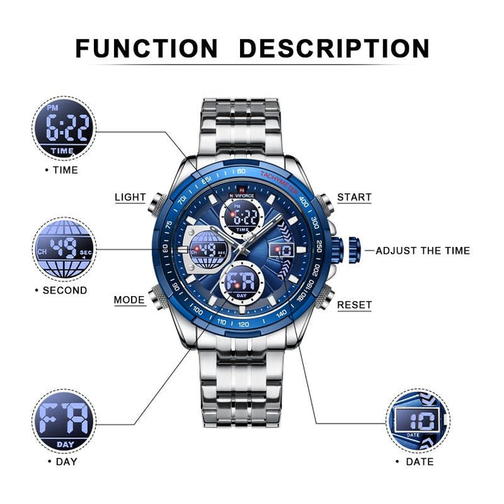 NAVIFORCE- New Luxury Brand Male Watches Fashion Stainless Steel Quartz Mens Watch Sports Waterproof Wristwatch Relogio Masculino Silver Blue