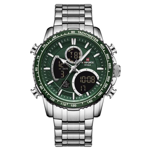 NAVIFORCE- NF9182 Stainless Steel Dual Time Wrist Watch For Men – Silver & Green