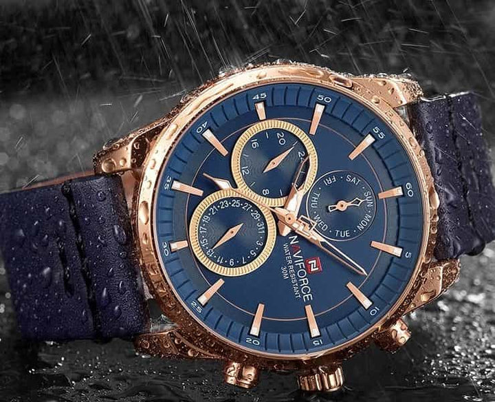 NAVIFORCE- Waterproof 24 hour Date Quartz Watch Leather Straps With Brand Box - NF9148 Blue Gold