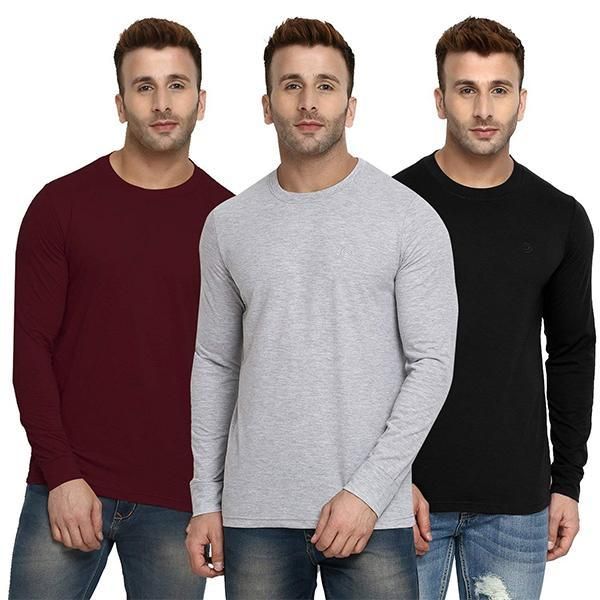 Emerce- Pack Of 3 Plain Full Sleeves T Shirt Black,Grey&Maroon