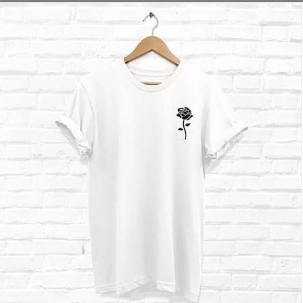 Emerce- Black Rose Printed Half Sleeves T-Shirt - White