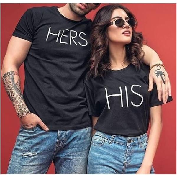 Emerce- Pack of 2 HIS HERS Printed Half Sleeves T Shirt Black