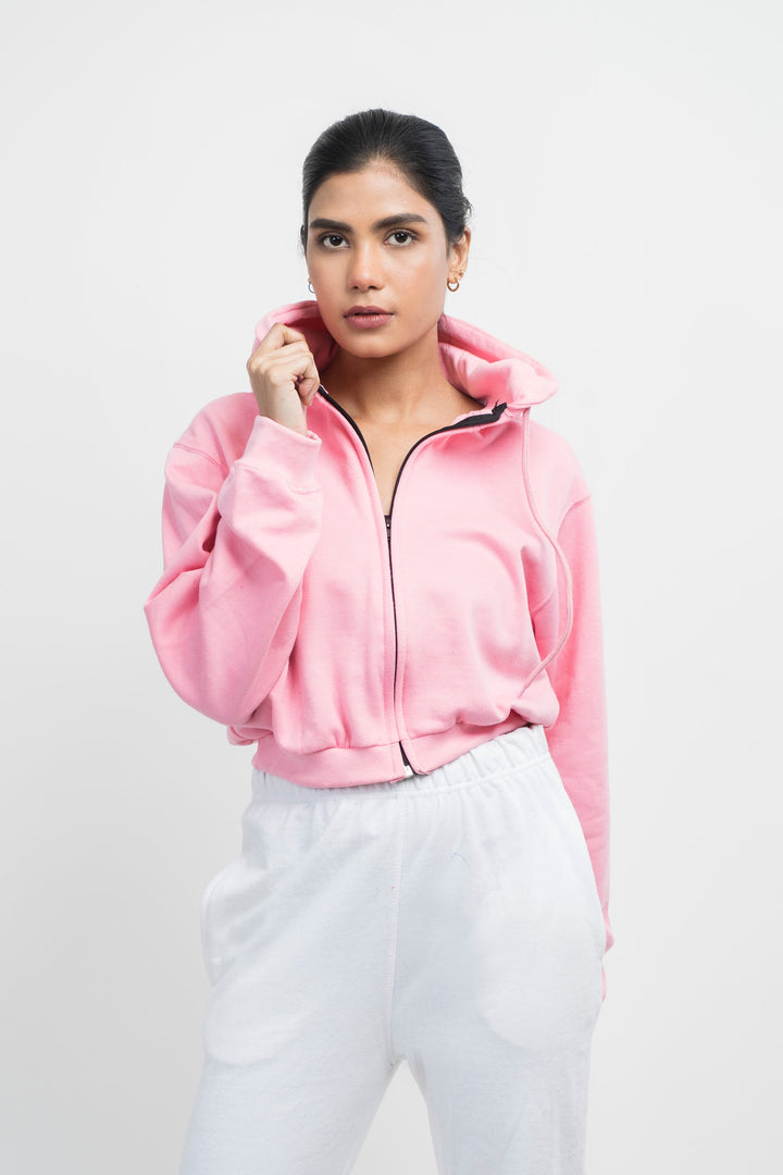 Vybe Basics - Crop Style Zipper Hoodie - Pink