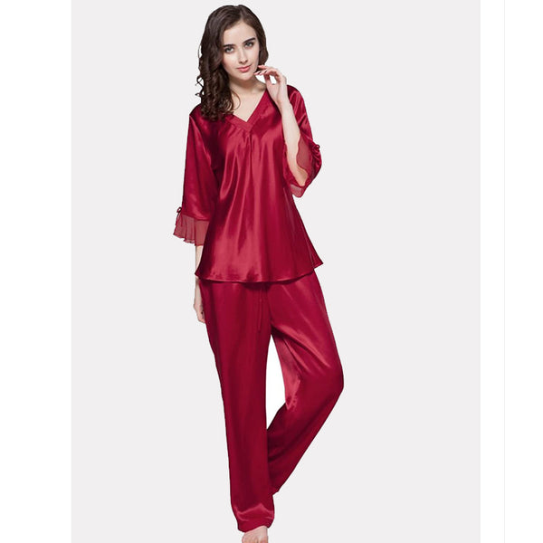 Emerce-Silk Night Suit Net Ribbon Sleeves - RedWine