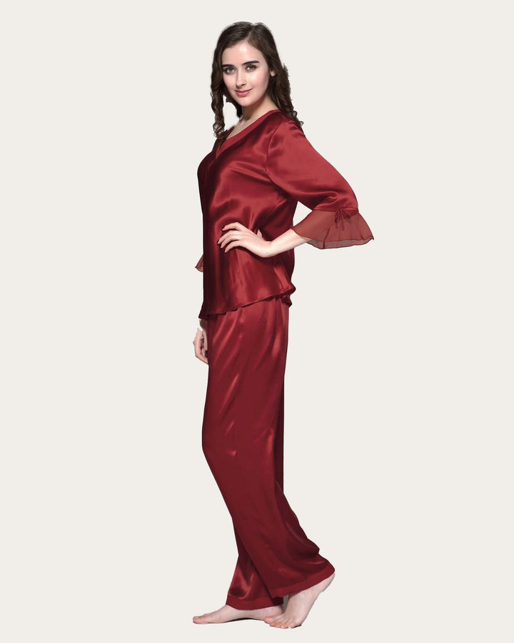 Emerce-Silk Night Suit Net Ribbon Sleeves - Maroon